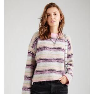 Vero Moda Women Fuchsia Pink Striped Chunky Knit Volume Sleeve Sweater Size L